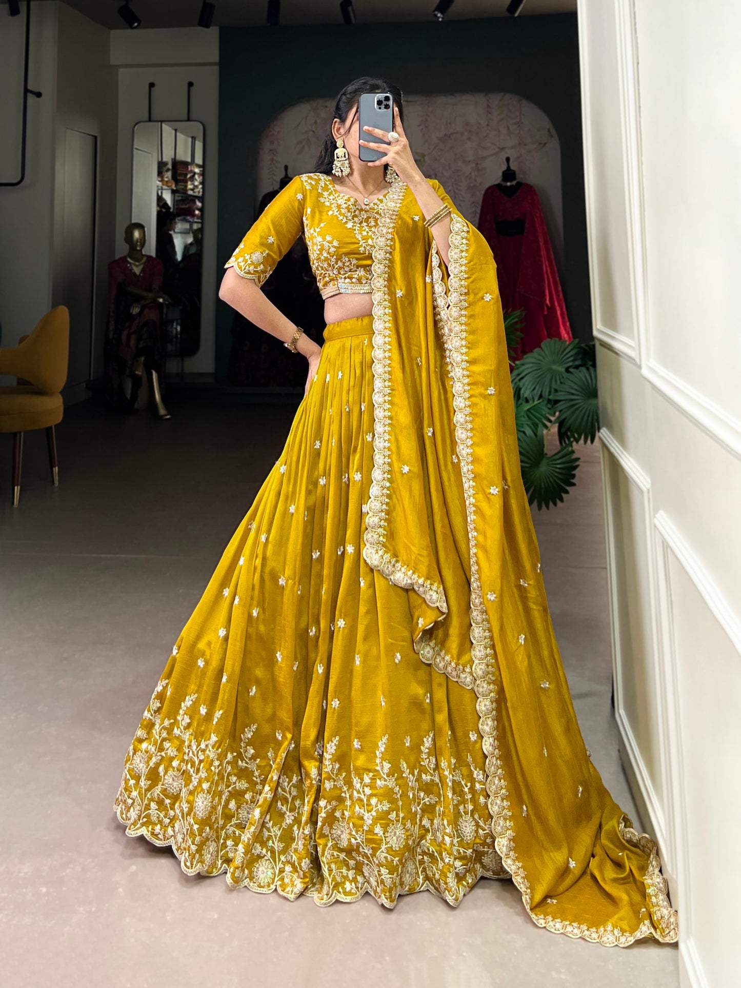 Elegant Mustard Vichitra Silk Lehenga Choli Set with Sequins & Thread Embroidery