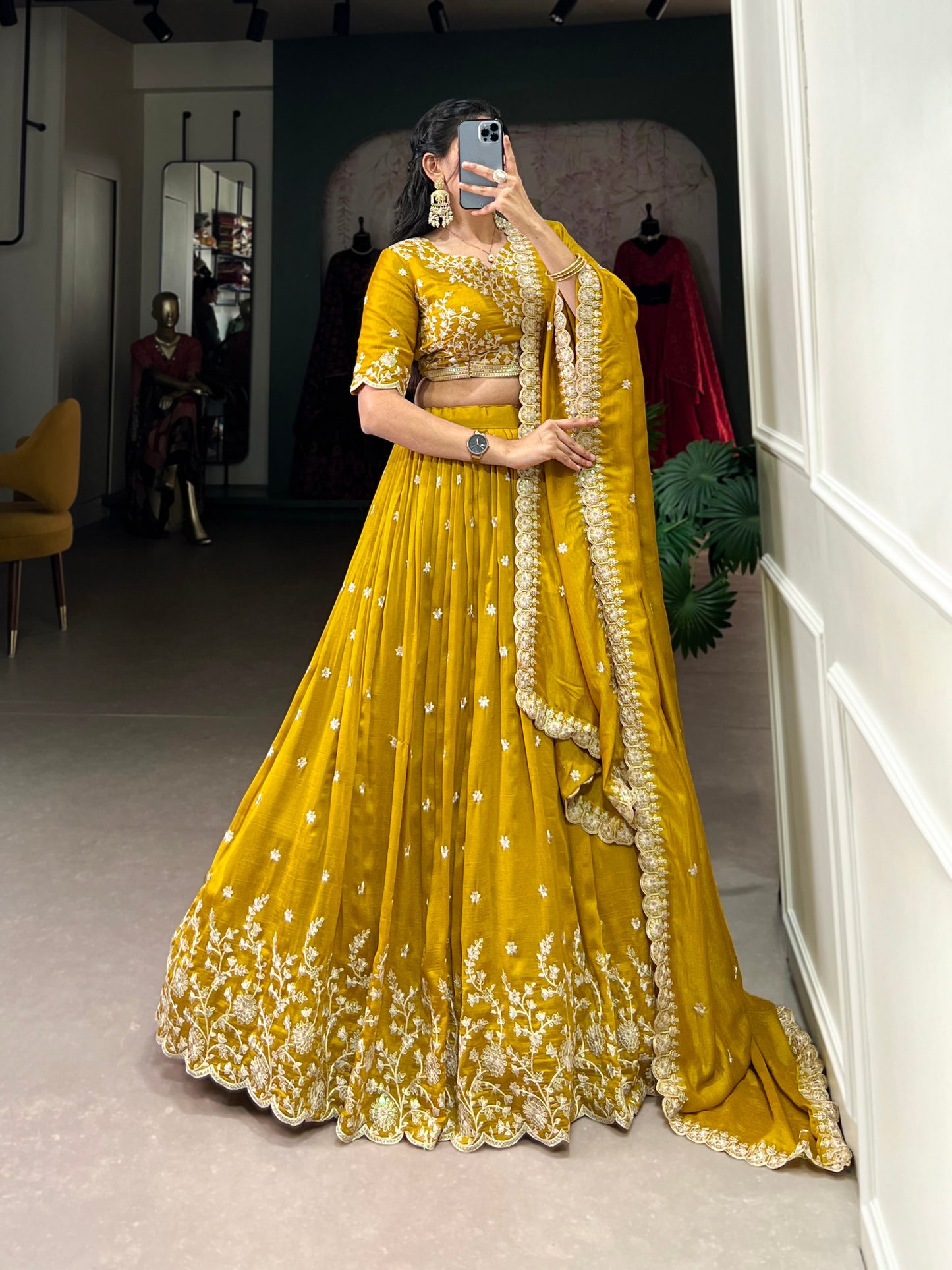 Elegant Mustard Vichitra Silk Lehenga Choli Set with Sequins & Thread Embroidery