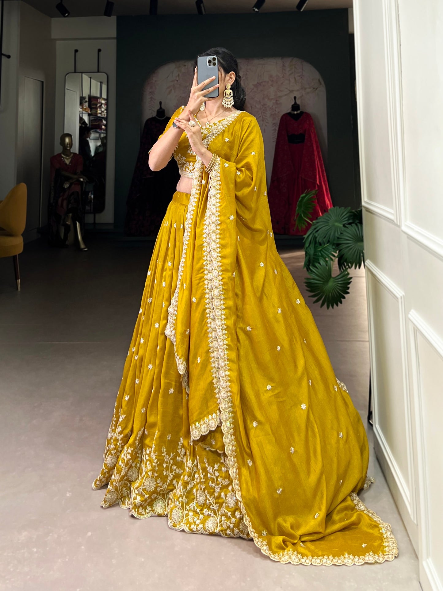 Elegant Mustard Vichitra Silk Lehenga Choli Set with Sequins & Thread Embroidery