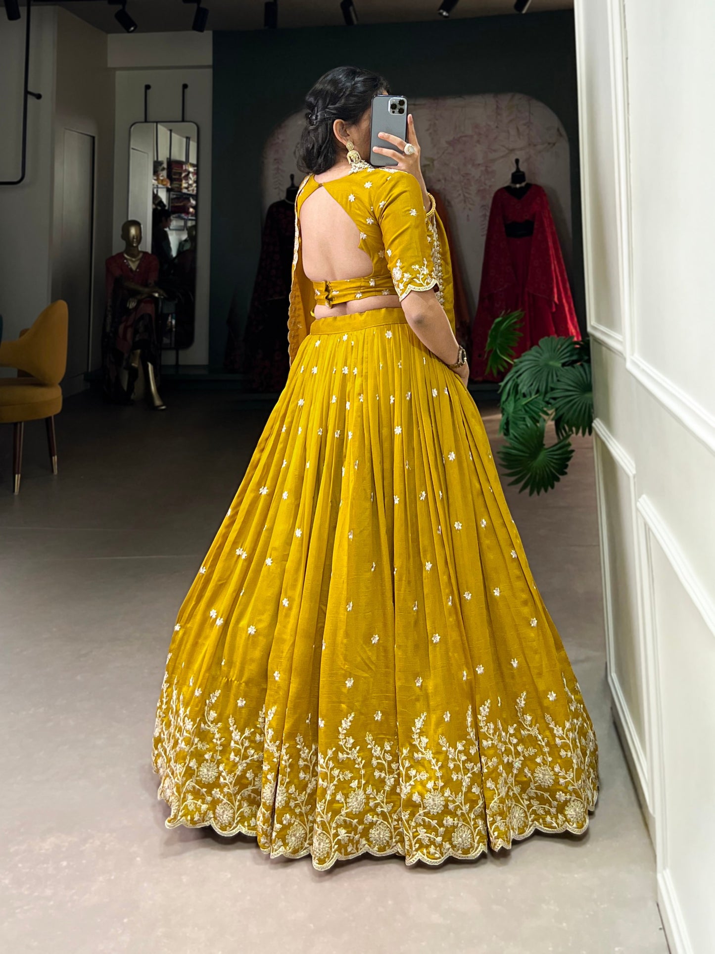 Elegant Mustard Vichitra Silk Lehenga Choli Set with Sequins & Thread Embroidery