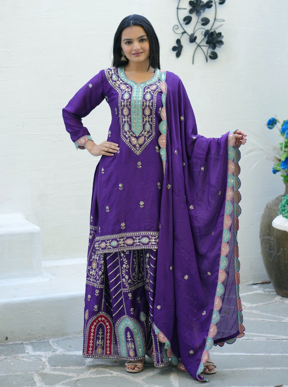 New Designer Embroidered Chinon Suit with Sequence Work