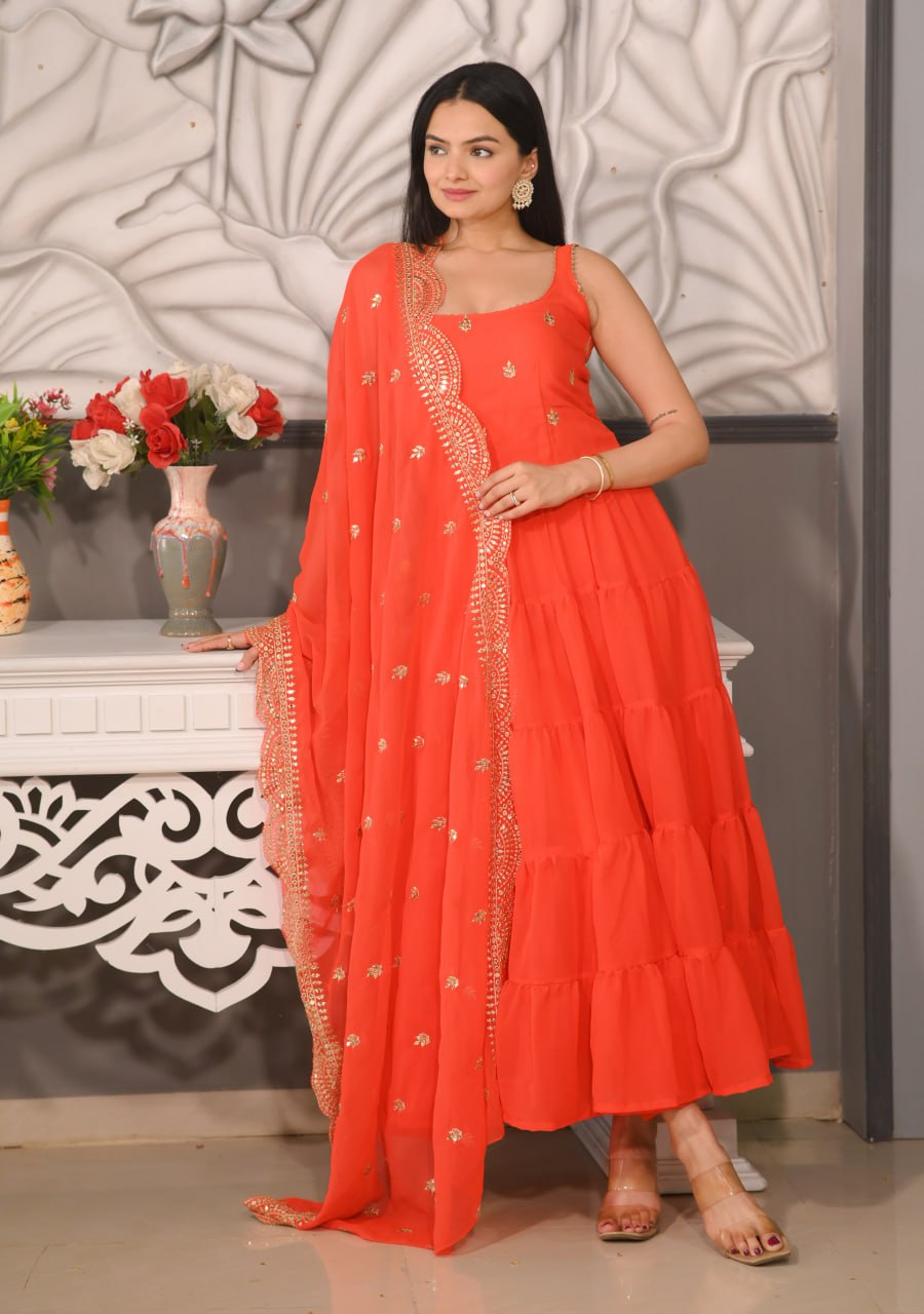 New Designer Sequence Embroidered Georgette Gown with Dupatta & Pant Set