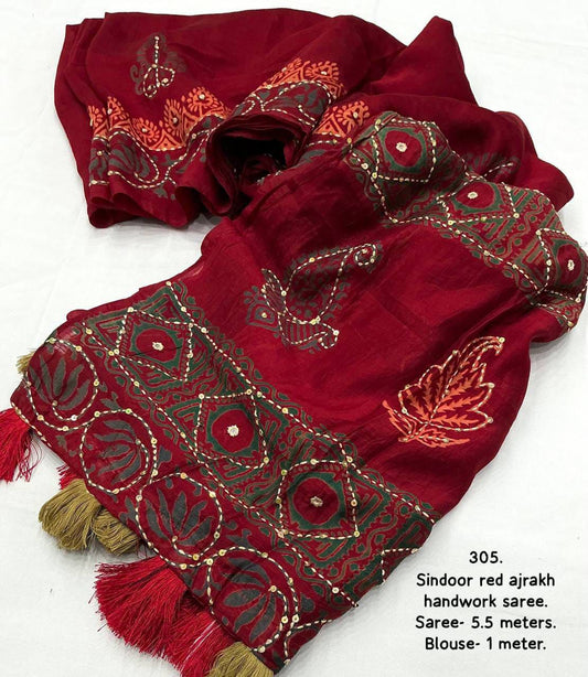 Pure Chanderi Cotton with Hand Block Prints Ajrakh Hand Work Saree