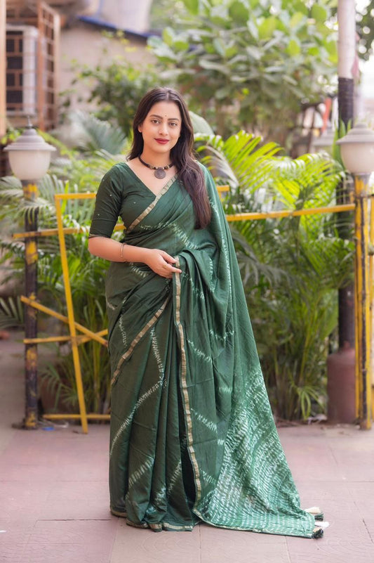 Pure Chanderi Hand-Tied Zari Pattu Border Bandhani Saree with Blouse