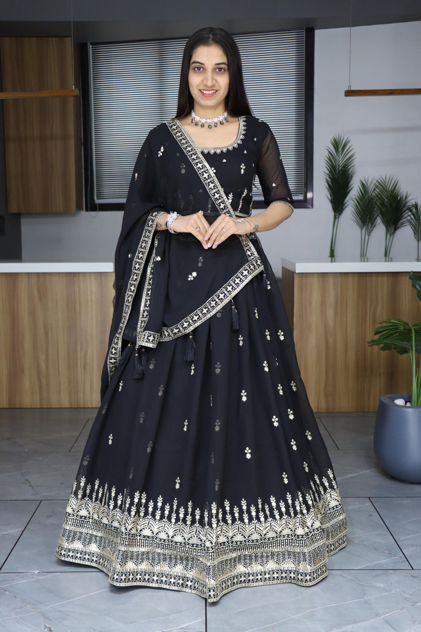 Elegant Black Embroidered Lehenga Set with Sequins Work