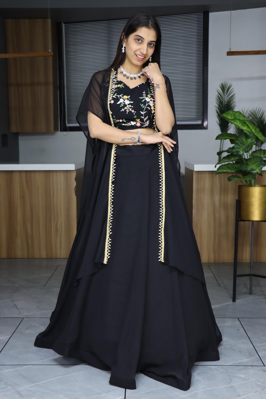 Black Embroidery Lehenga Choli Set with Fancy Shrug