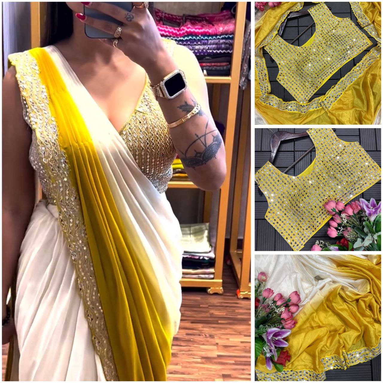 Elegant Embroidery Cording Work Ready-to-Wear Chinon Saree with Mirror Work & Embroidery Blouse