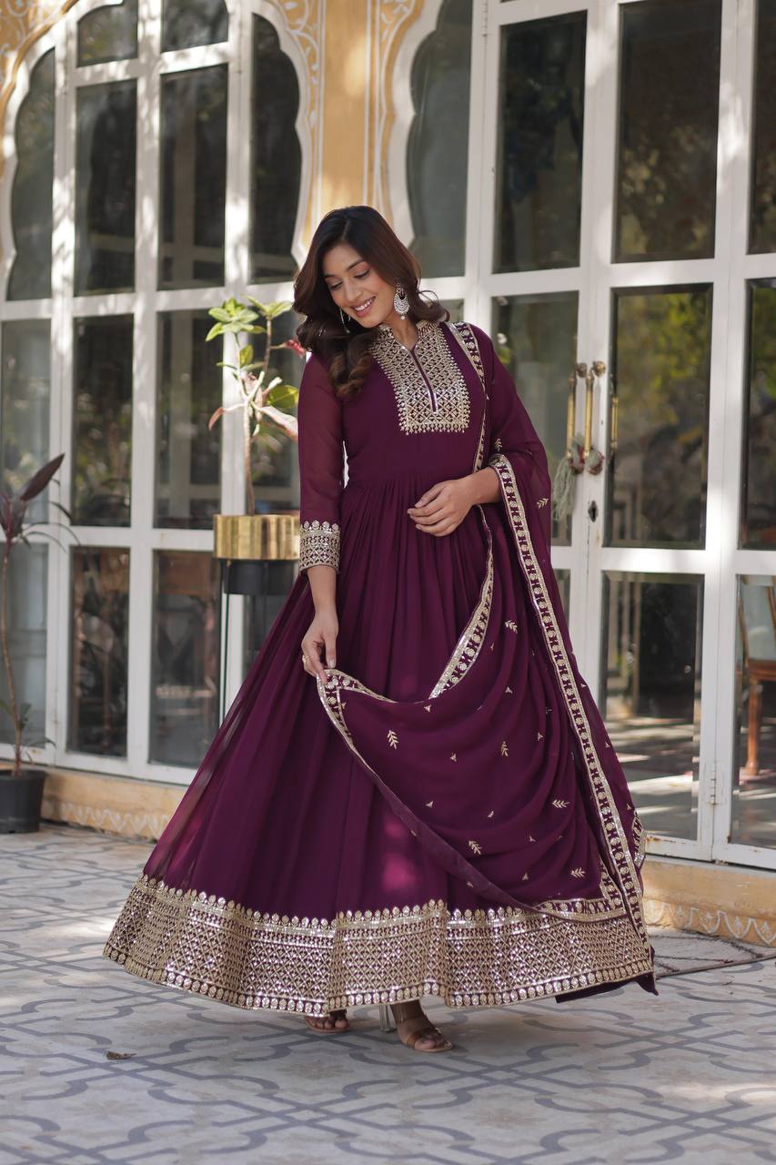 Faux Blooming Sequins Embroidered Gown with Dupatta