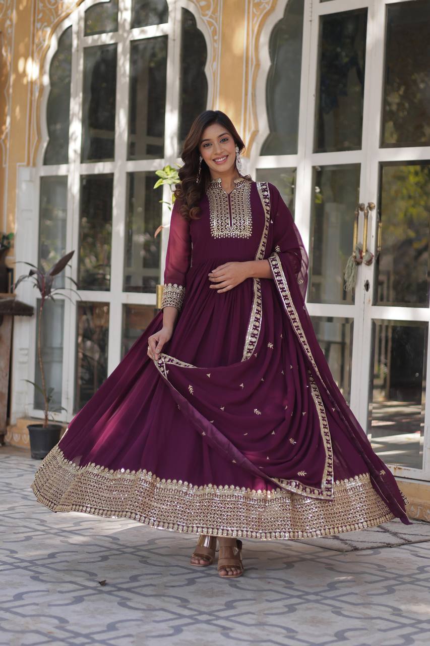 Faux Blooming Sequins Embroidered Gown with Dupatta