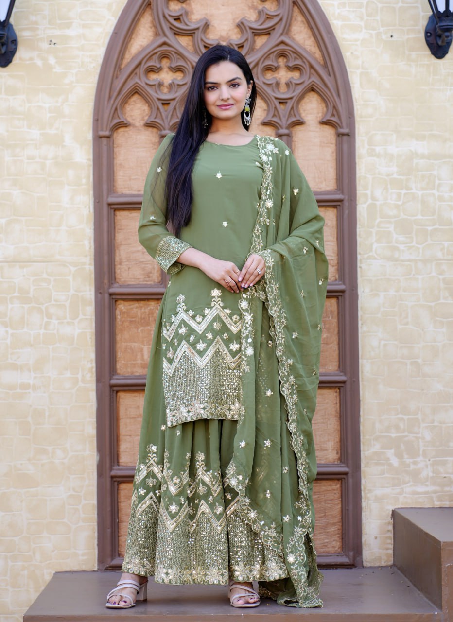 New Designer Embroidered Fox Georgette Sharara Suit with Sequence Work