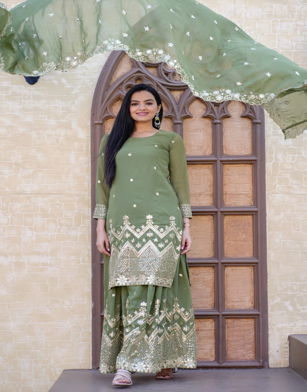 New Designer Embroidered Fox Georgette Sharara Suit with Sequence Work