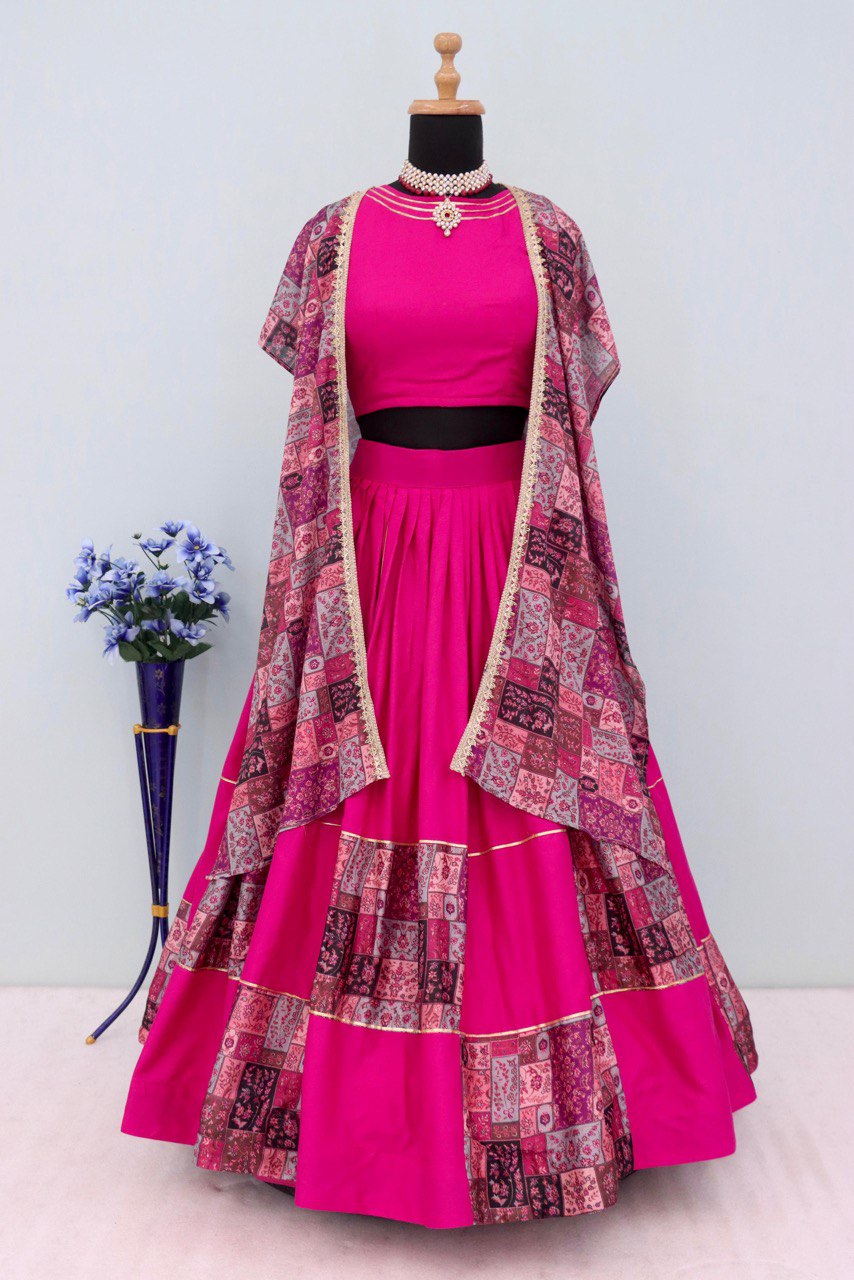 Ethnic Women Rayon Cotton Fully Stitched Lehenga Choli Set with Shrug