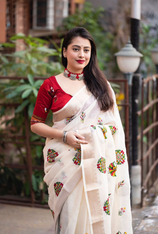 Premium Soft Ivory Cream Linen Saree with Red Embroidered Blouse