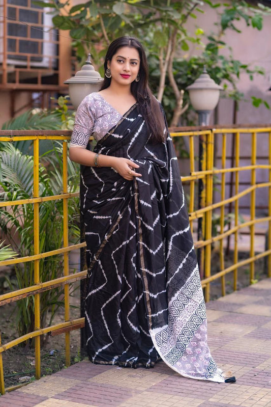 Premium Tied Leheriya with Ajrakh Pallu Soft Pure Chanderi Cotton Saree