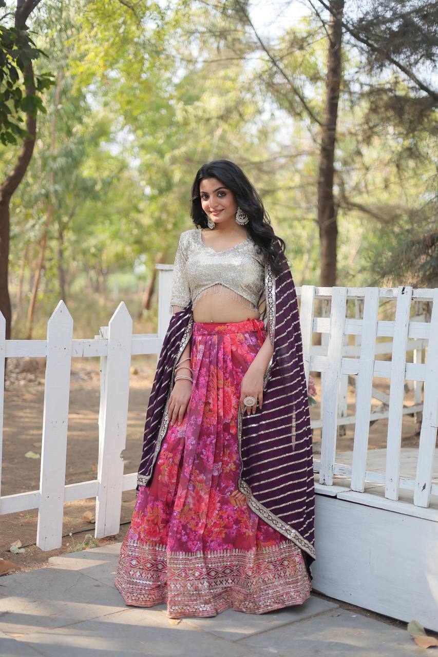 Exquisite Digital Printed Georgette Lehenga Choli with Embroidery & Tassels