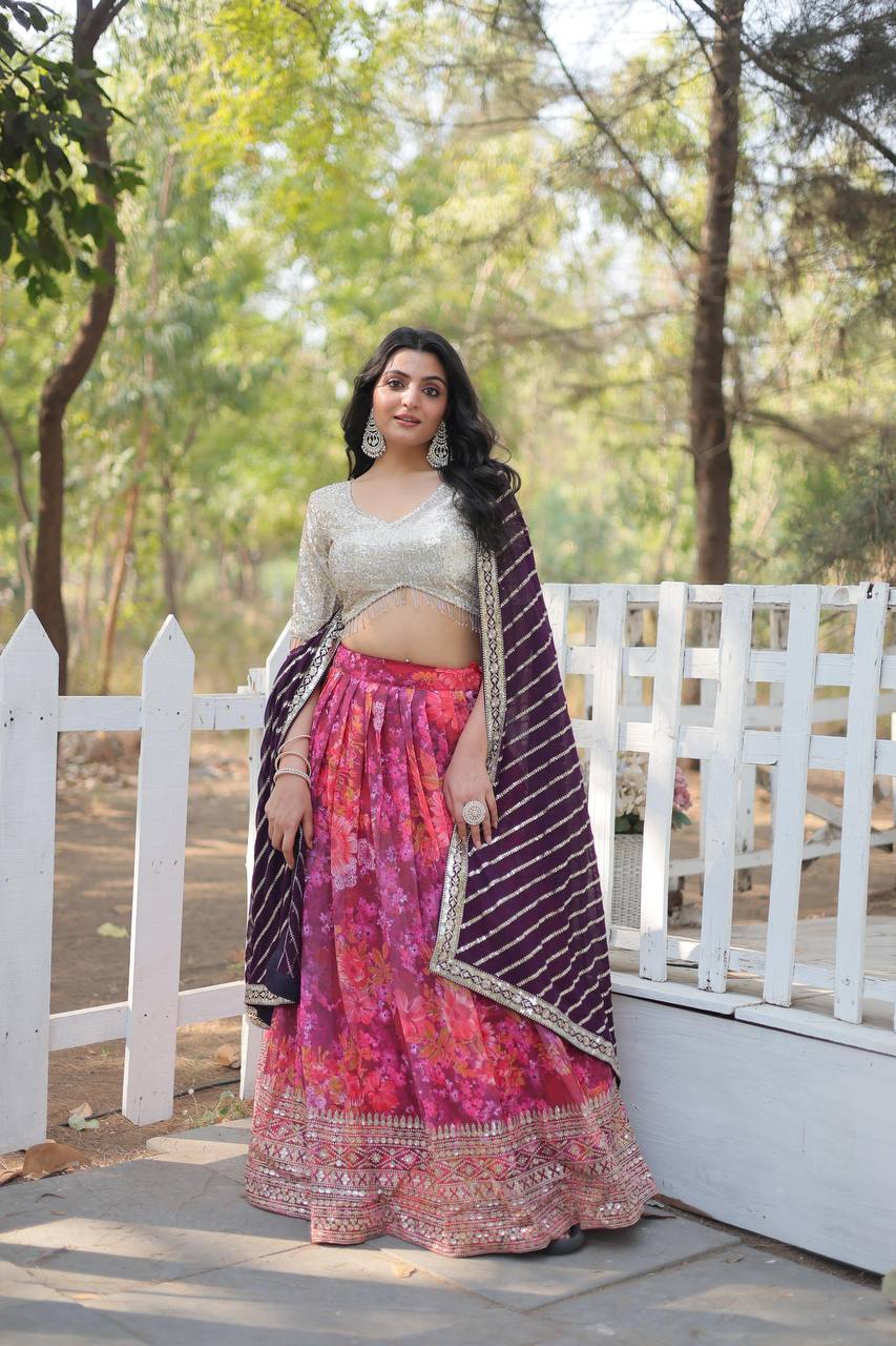 Exquisite Digital Printed Georgette Lehenga Choli with Embroidery & Tassels