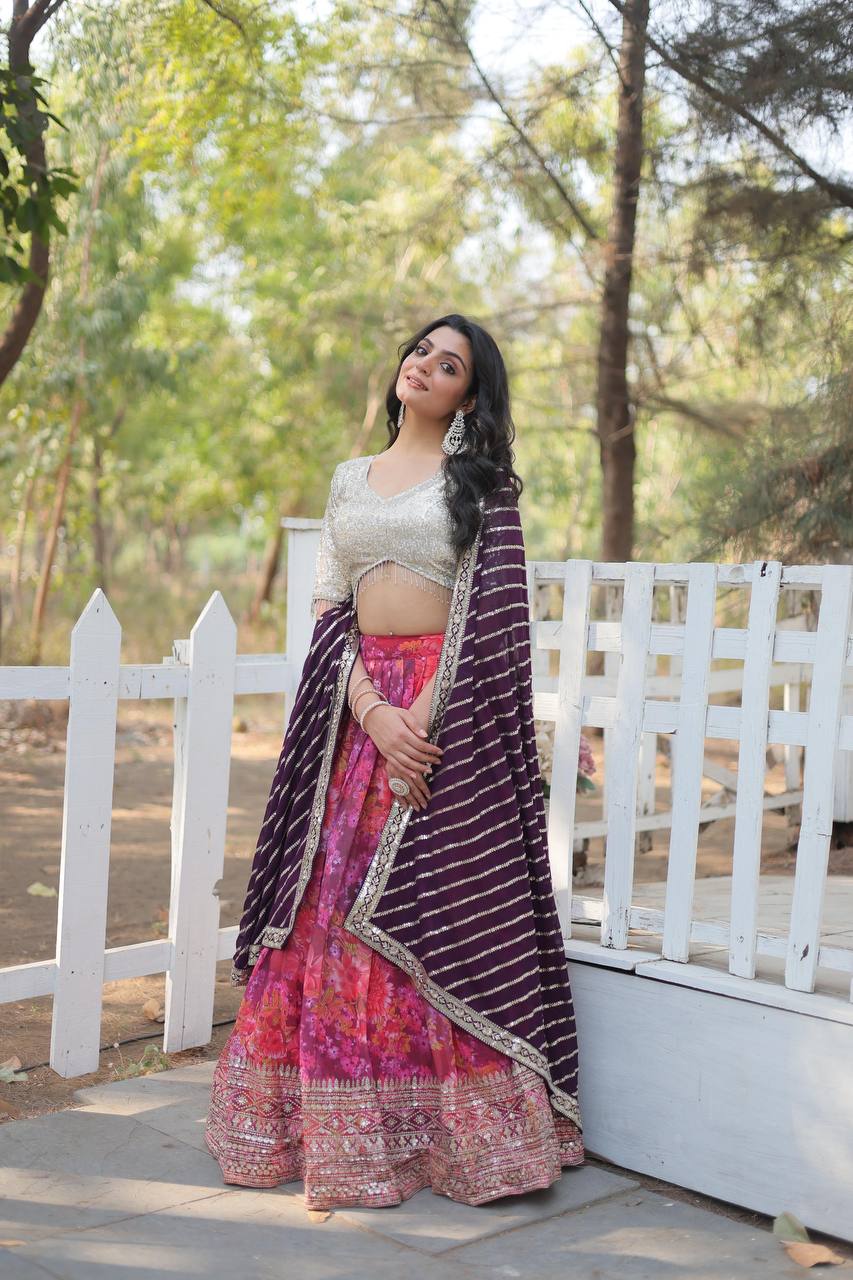 Exquisite Digital Printed Georgette Lehenga Choli with Embroidery & Tassels