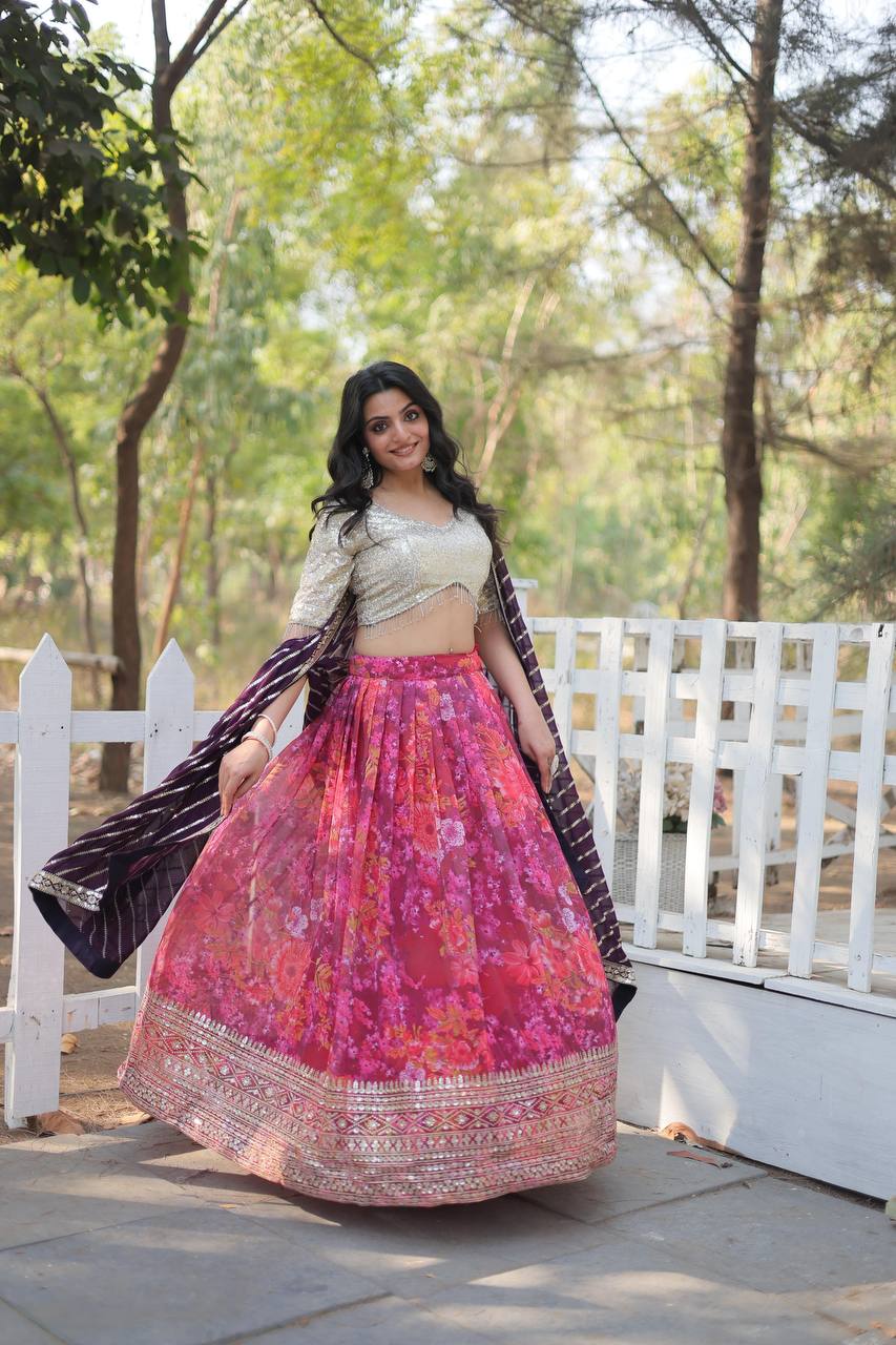 Exquisite Digital Printed Georgette Lehenga Choli with Embroidery & Tassels