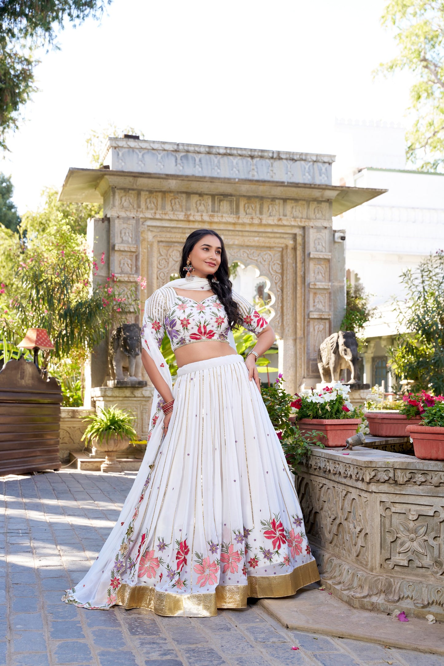 Elegant  Sequins & Thread Embroidery White Georgette Bridal Lehenga Choli Set