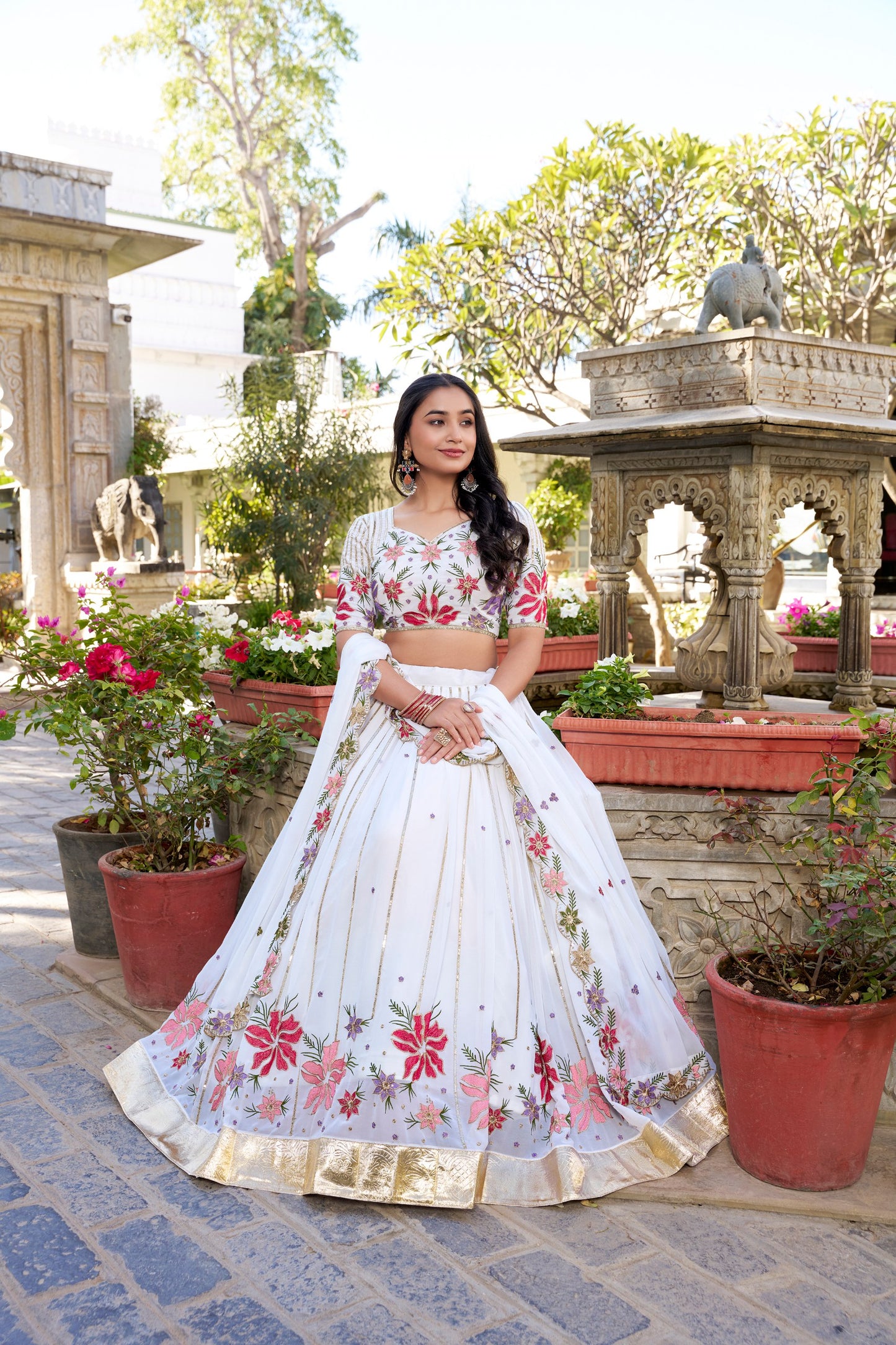 Elegant  Sequins & Thread Embroidery White Georgette Bridal Lehenga Choli Set