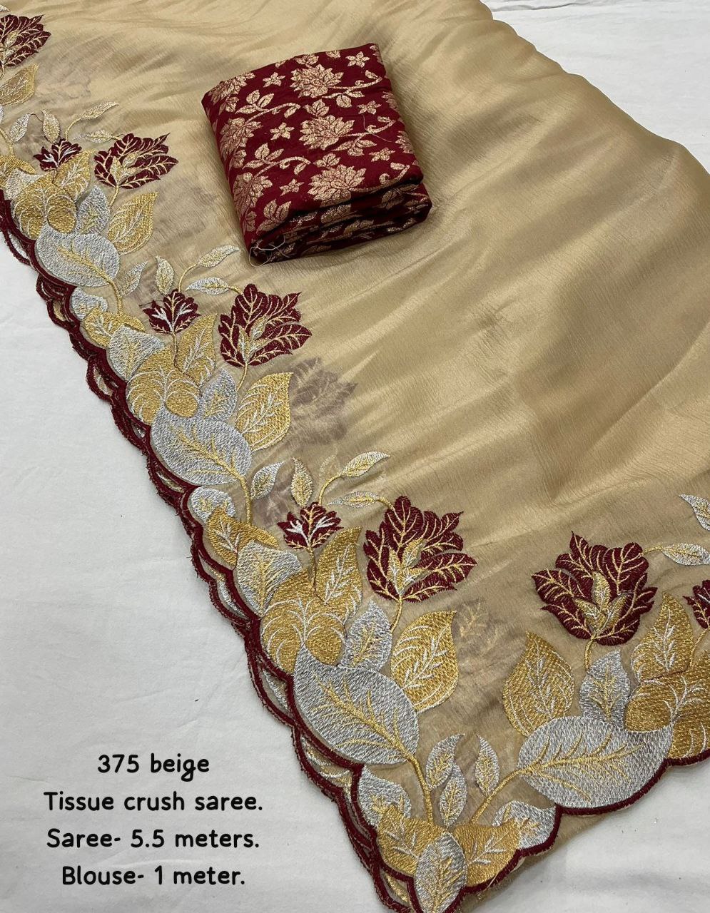 Elegant Beige Tissue Crush Silk Saree with Embroidery Cut Work Border & Maroon Banarasi Blouse