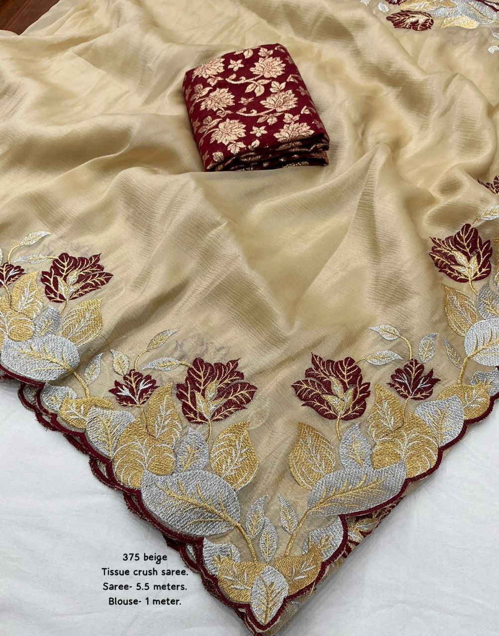 Elegant Beige Tissue Crush Silk Saree with Embroidery Cut Work Border & Maroon Banarasi Blouse