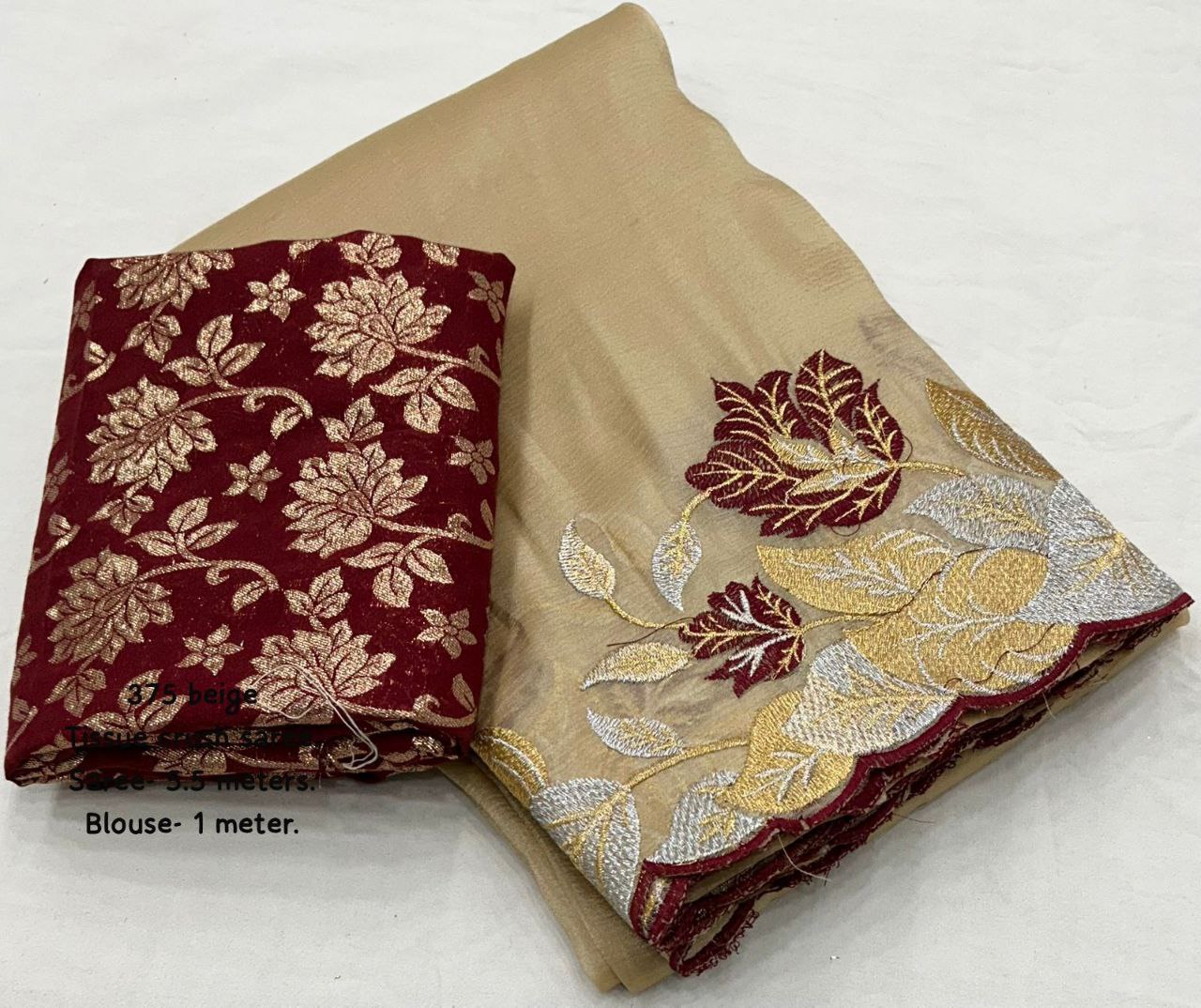 Elegant Beige Tissue Crush Silk Saree with Embroidery Cut Work Border & Maroon Banarasi Blouse