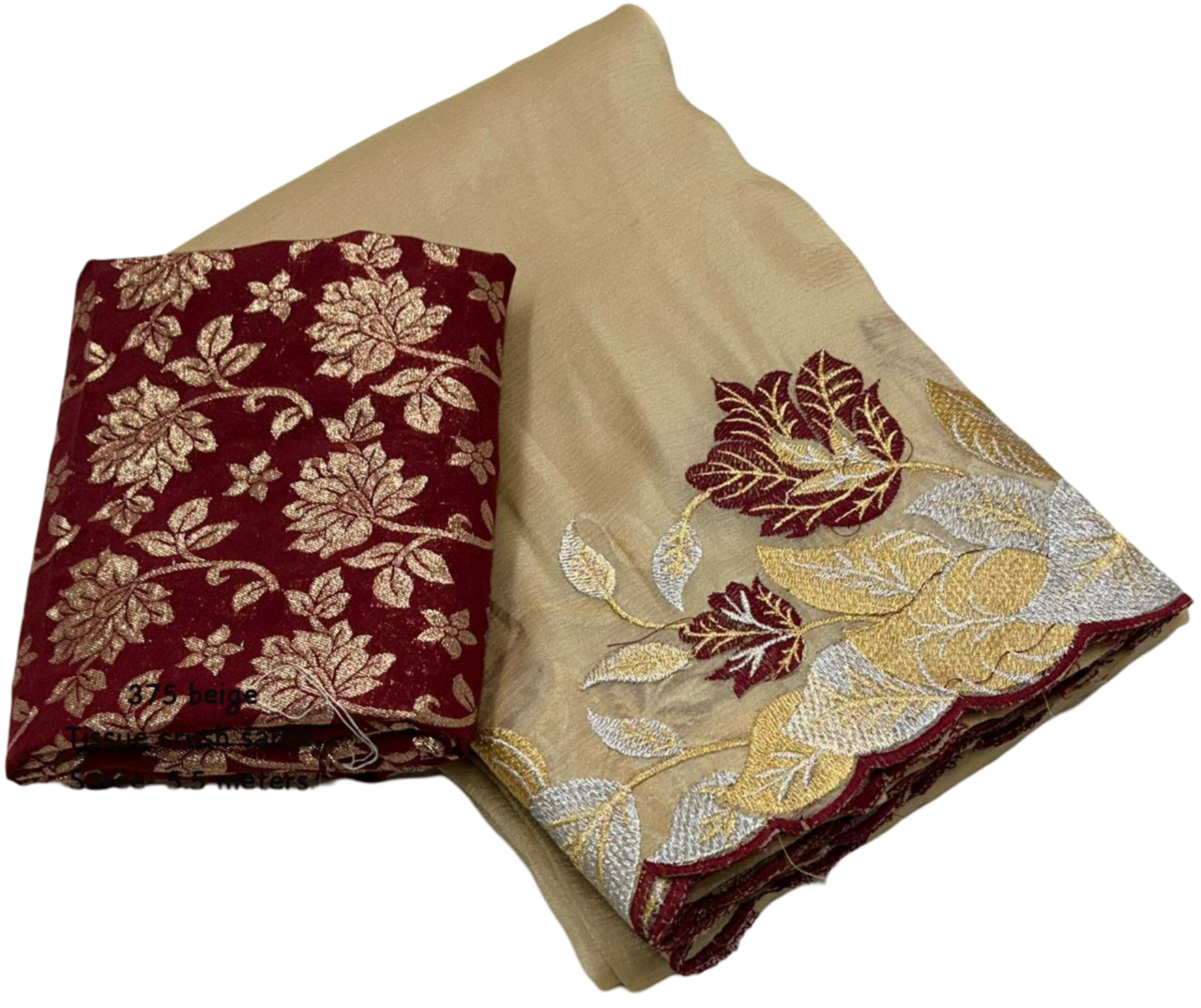 Elegant Beige Tissue Crush Silk Saree with Embroidery Cut Work Border & Maroon Banarasi Blouse