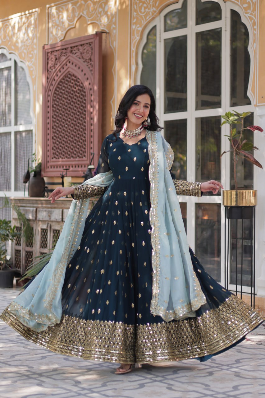 Premium Designer Readymade Gown with Dupatta - Faux Blooming Fabric & Zari Sequins Work