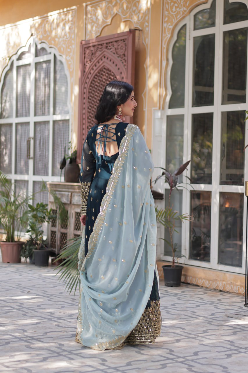 Premium Designer Readymade Gown with Dupatta - Faux Blooming Fabric & Zari Sequins Work