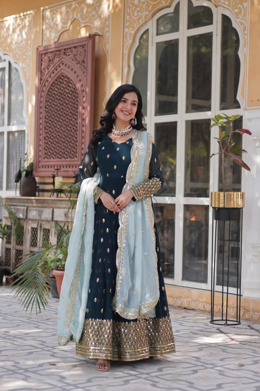 Premium Designer Readymade Gown with Dupatta - Faux Blooming Fabric & Zari Sequins Work