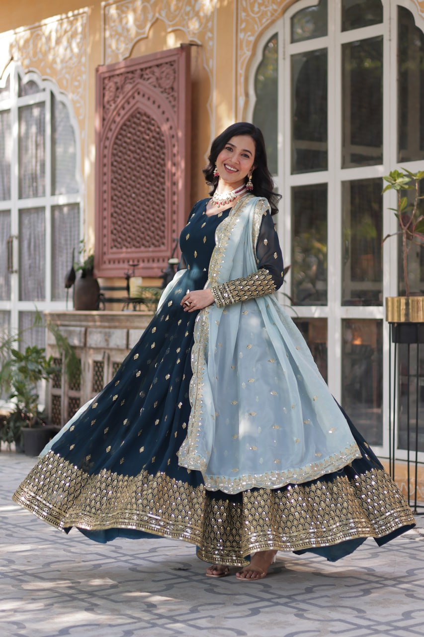 Premium Designer Readymade Gown with Dupatta - Faux Blooming Fabric & Zari Sequins Work