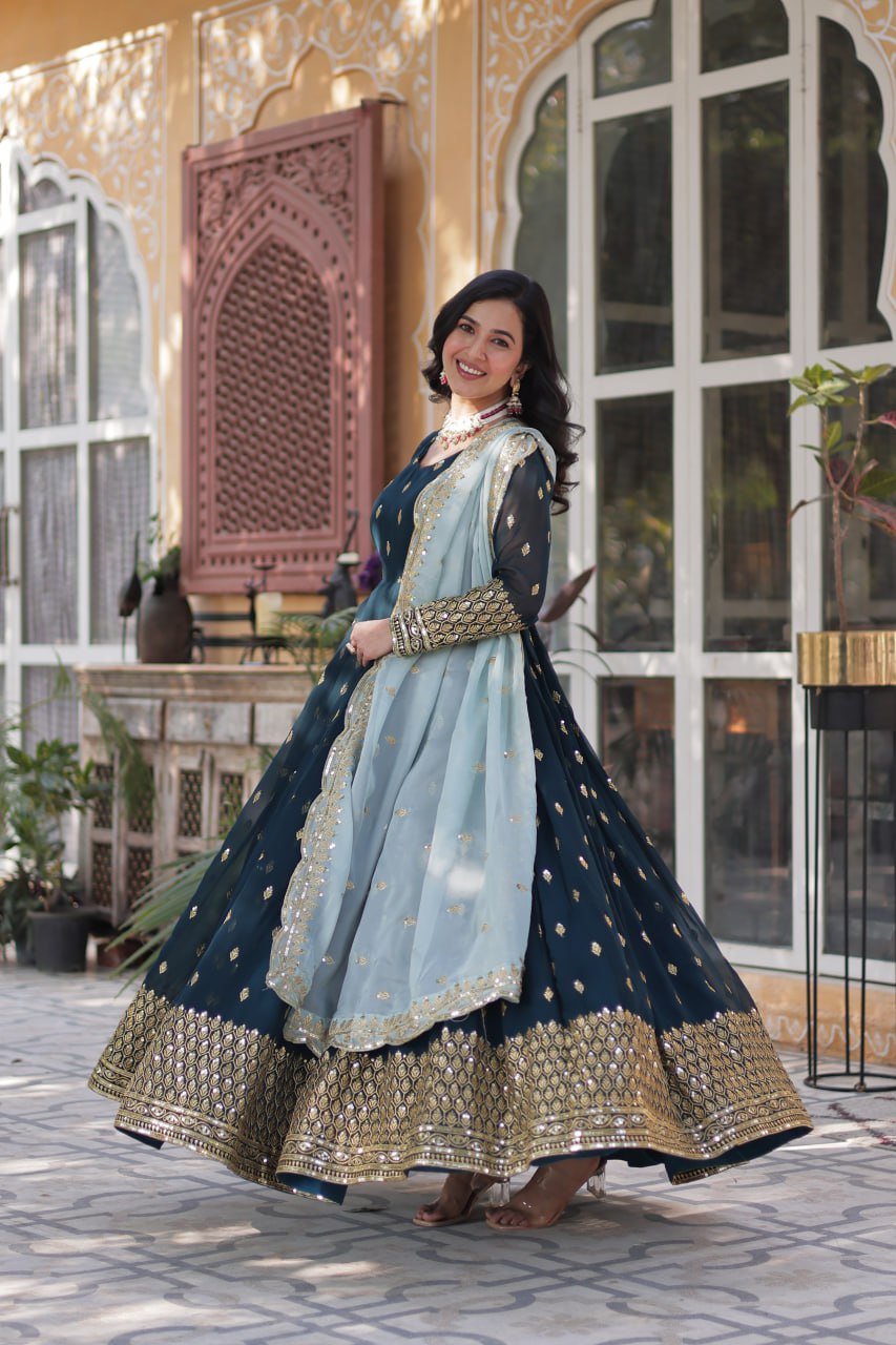 Premium Designer Readymade Gown with Dupatta - Faux Blooming Fabric & Zari Sequins Work