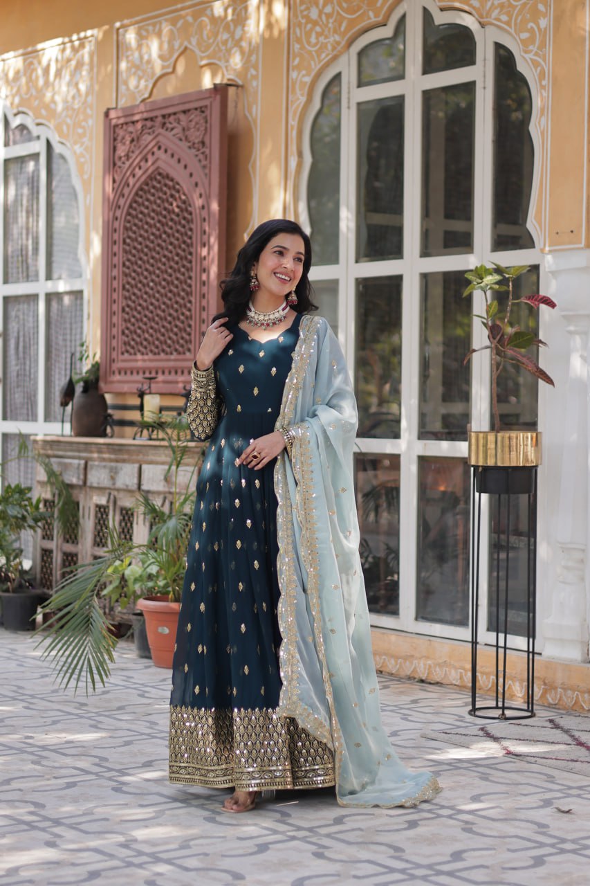 Premium Designer Readymade Gown with Dupatta - Faux Blooming Fabric & Zari Sequins Work