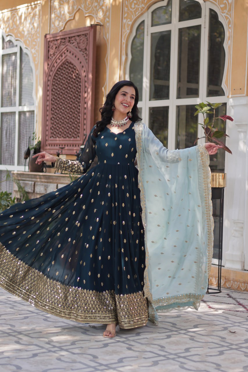 Premium Designer Readymade Gown with Dupatta - Faux Blooming Fabric & Zari Sequins Work