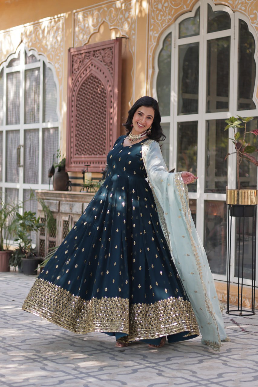 Premium Designer Readymade Gown with Dupatta - Faux Blooming Fabric & Zari Sequins Work