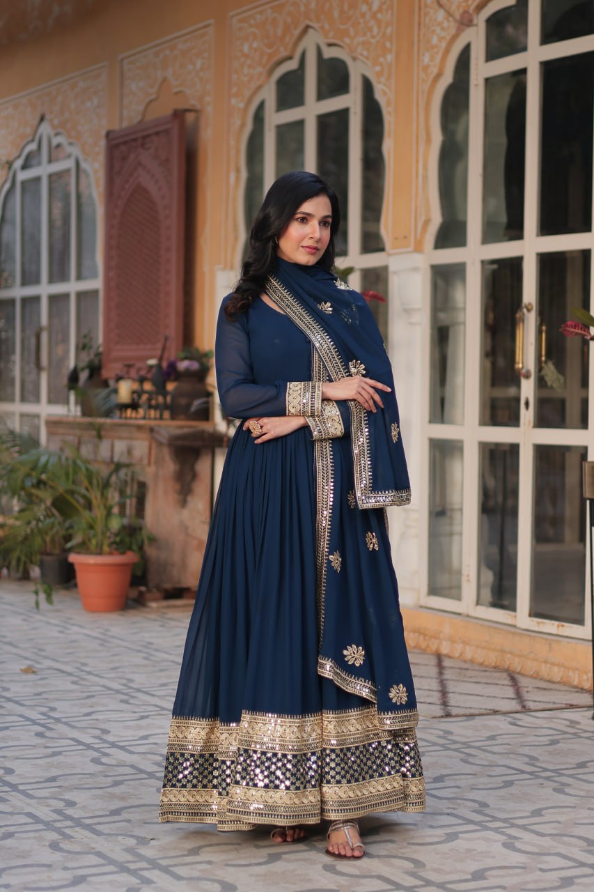 Premium Faux Blooming Embroidery Gown with Dupatta