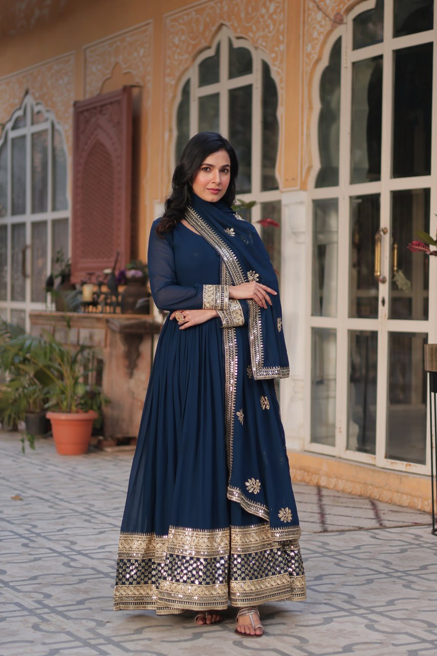 Premium Faux Blooming Embroidery Gown with Dupatta