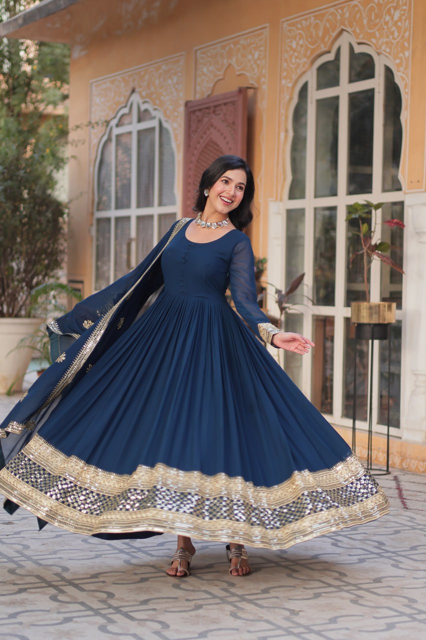 Premium Faux Blooming Embroidery Gown with Dupatta