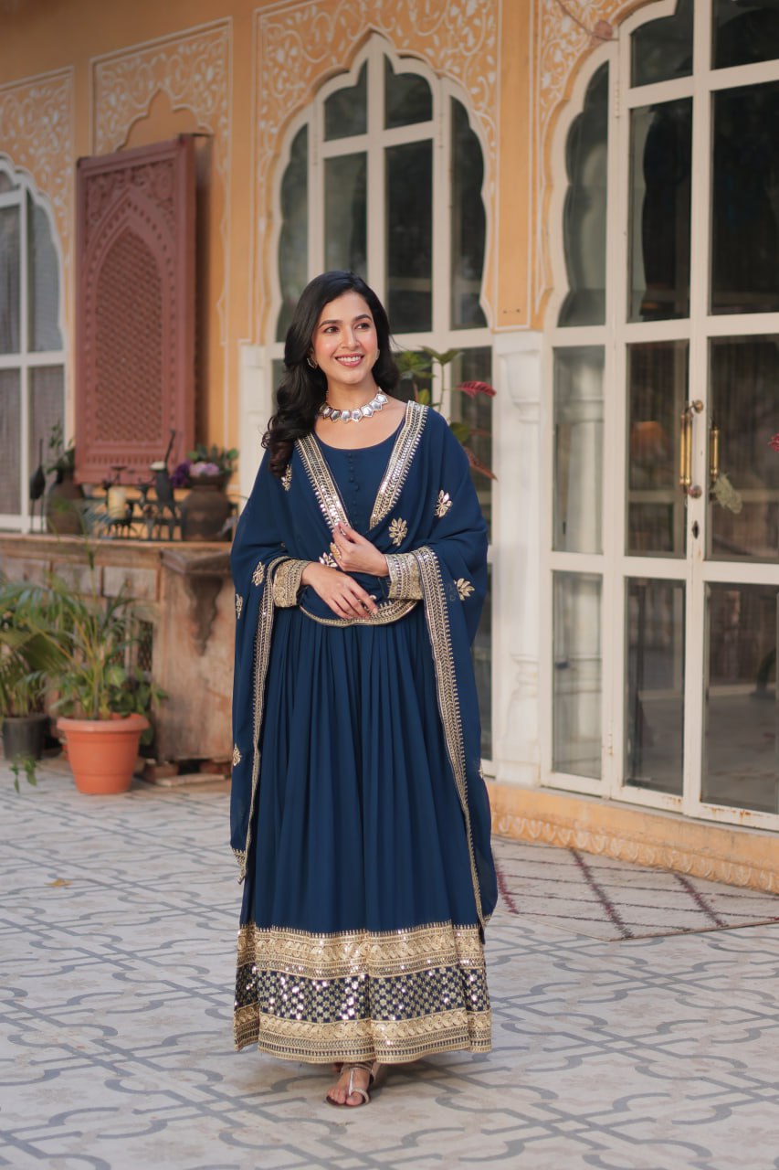 Premium Faux Blooming Embroidery Gown with Dupatta