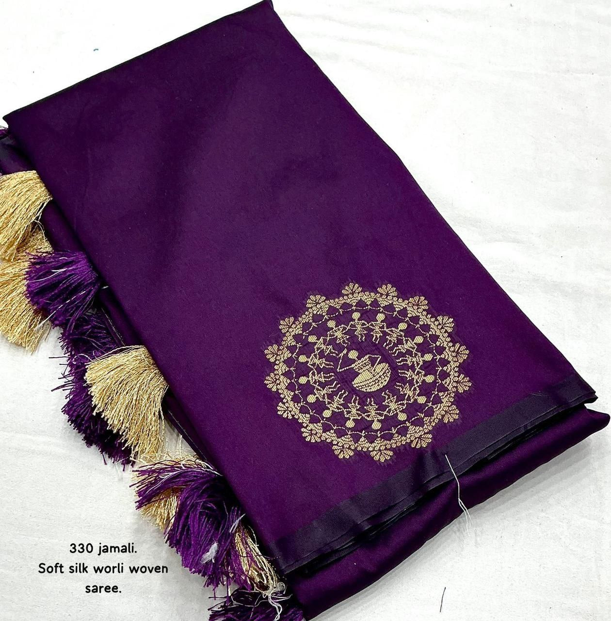 Soft Silk Zari Woven Worli Banarasi Saree with Rich Pallu and Tassels