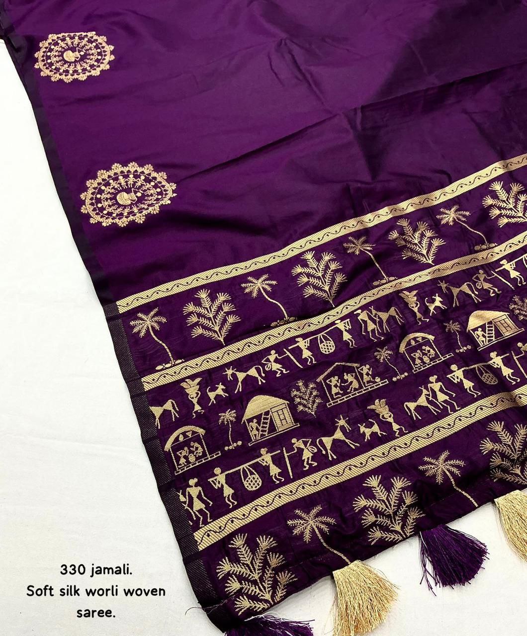 Soft Silk Zari Woven Worli Banarasi Saree with Rich Pallu and Tassels