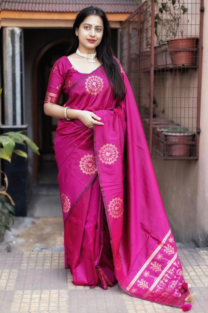 Soft Silk Zari Woven Worli Banarasi Saree with Rich Pallu and Tassels