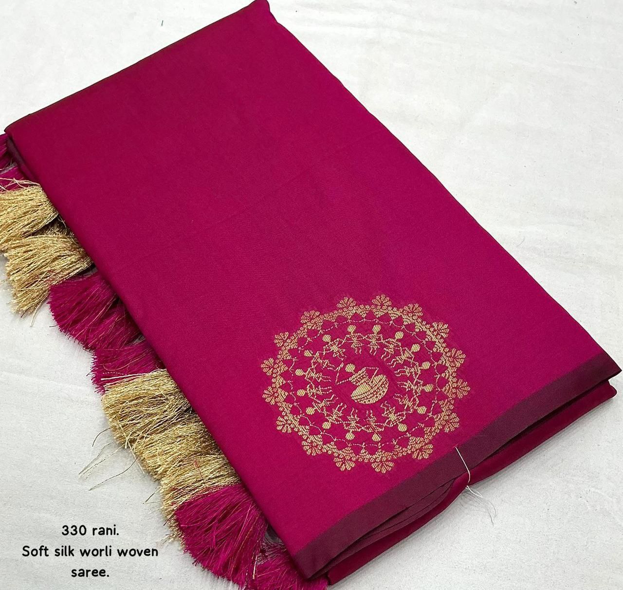 Soft Silk Zari Woven Worli Banarasi Saree with Rich Pallu and Tassels