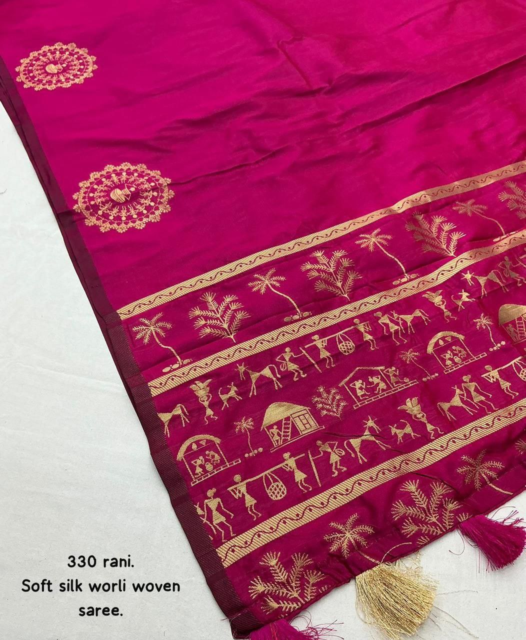 Soft Silk Zari Woven Worli Banarasi Saree with Rich Pallu and Tassels