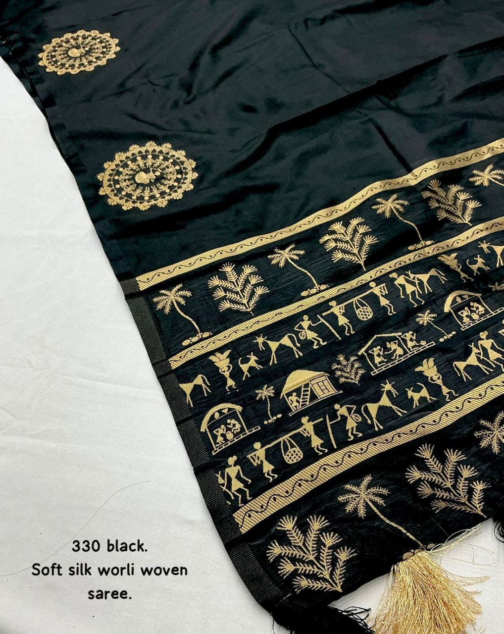 Soft Silk Zari Woven Worli Banarasi Saree with Rich Pallu and Tassels