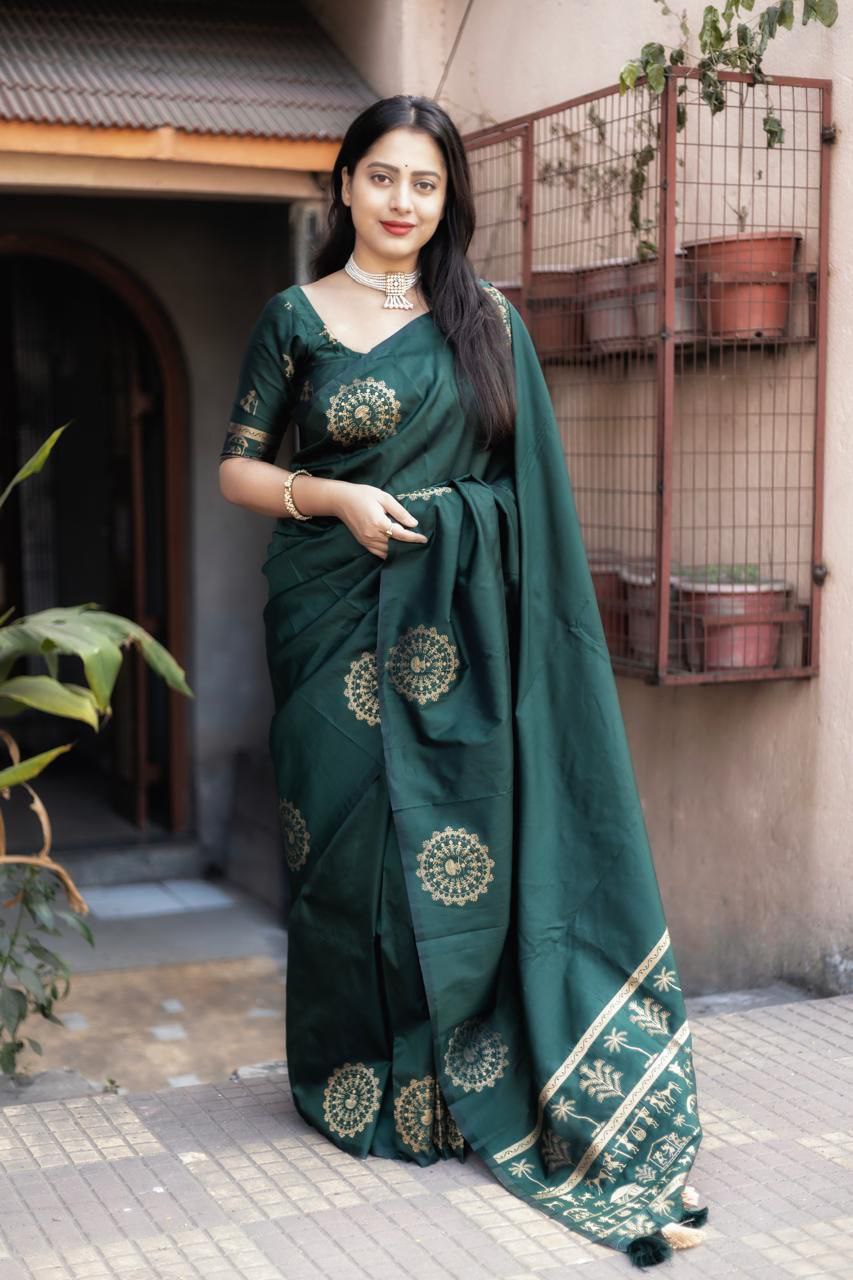 Soft Silk Zari Woven Worli Banarasi Saree with Rich Pallu and Tassels