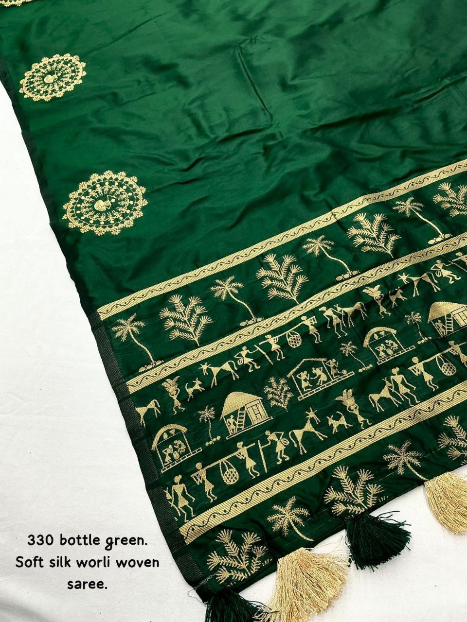 Soft Silk Zari Woven Worli Banarasi Saree with Rich Pallu and Tassels