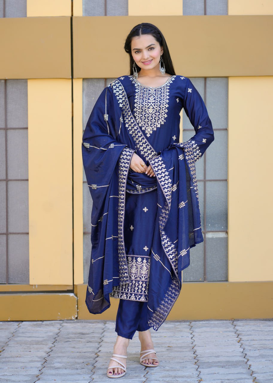 Elegant Heavy Sequence Embroidery Designer Chinon Suit