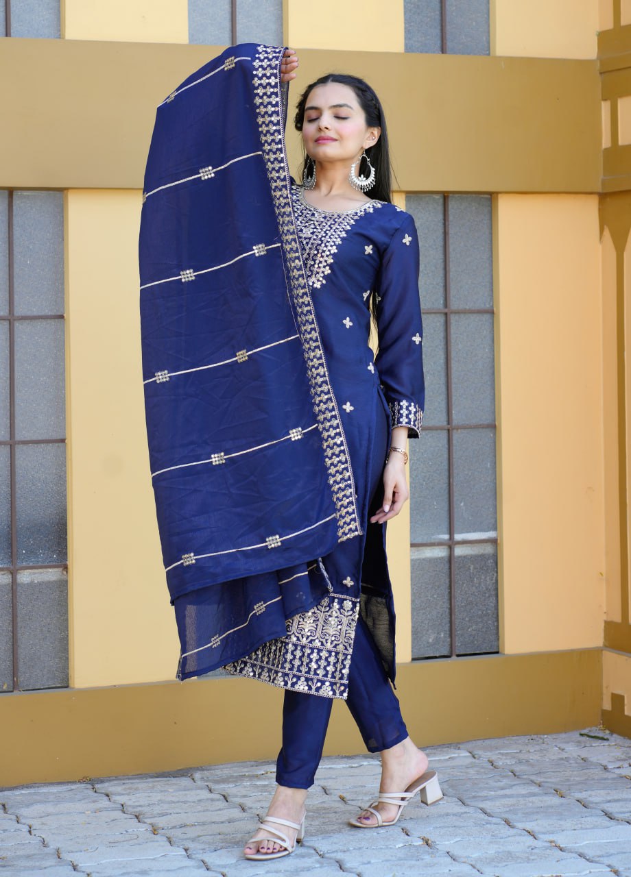 Elegant Heavy Sequence Embroidery Designer Chinon Suit